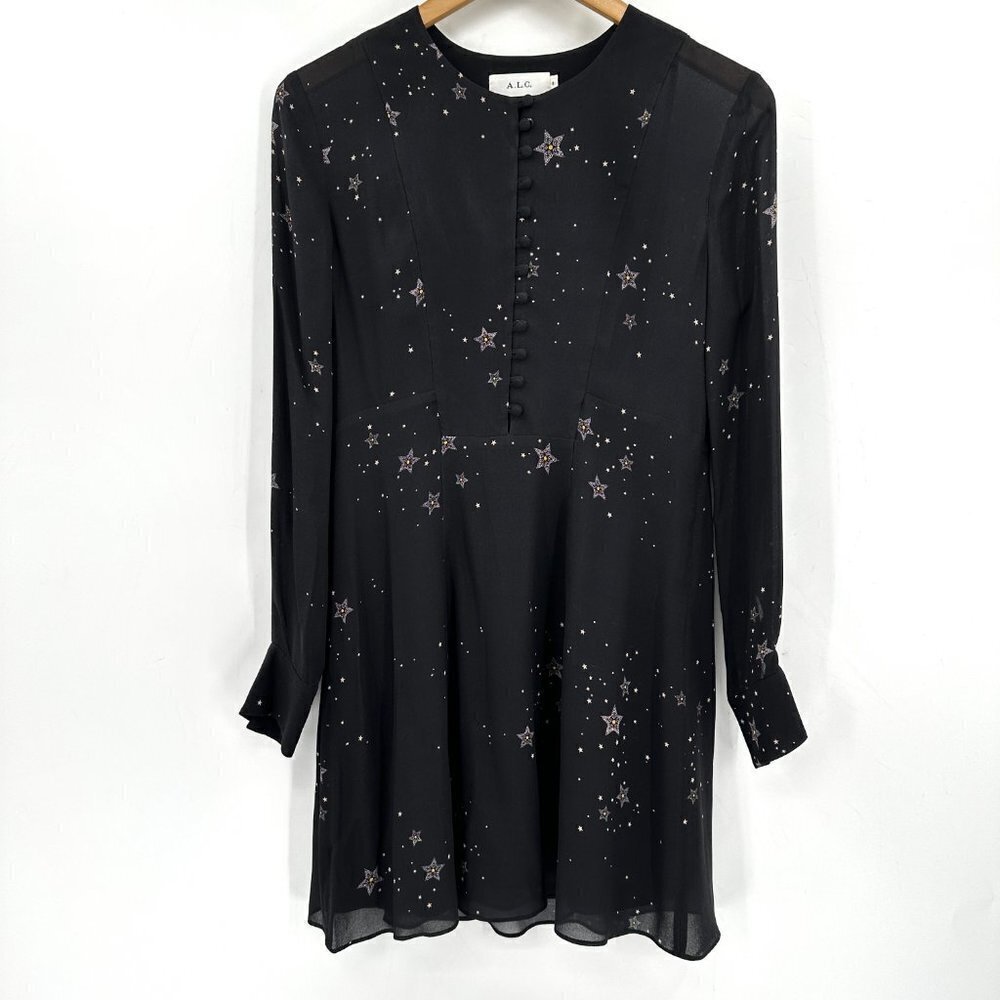 A.L.C Black Star Print Pedro Carmen Silk Button Down Long Sleeve 6 Sheath Dress